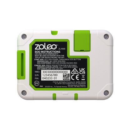 ZOLEO ZL1500 back with SOS instructions and serial label
