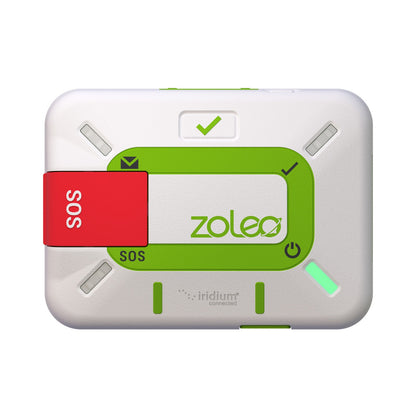 ZOLEO ZL1500 satellite communicator, front, limestone case with green LEDs