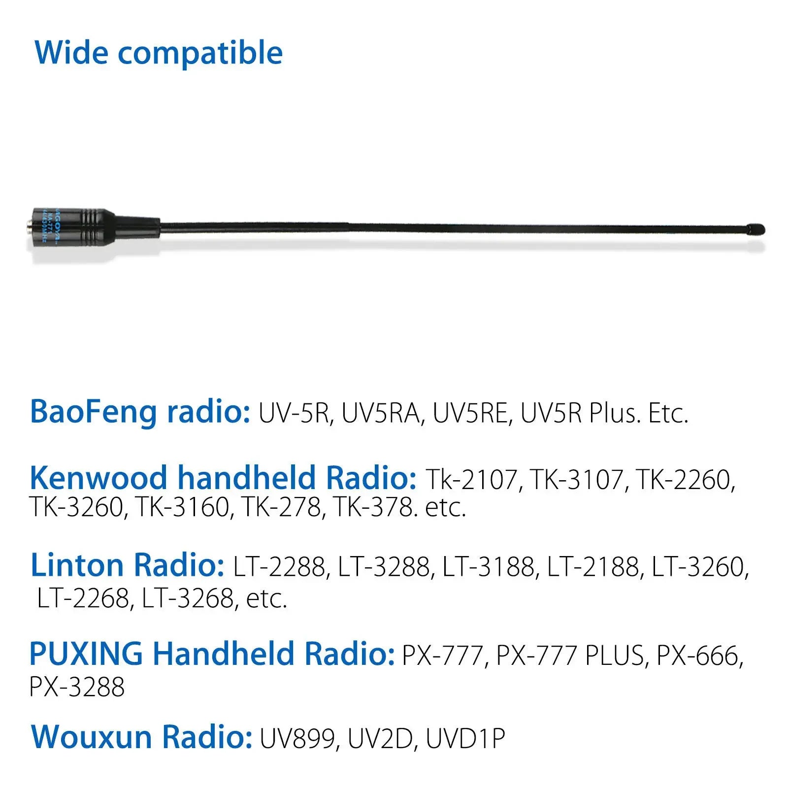 NA-771 antenna compatibility with Baofeng, Kenwood, Linton, Puxing and Wouxun handheld radios