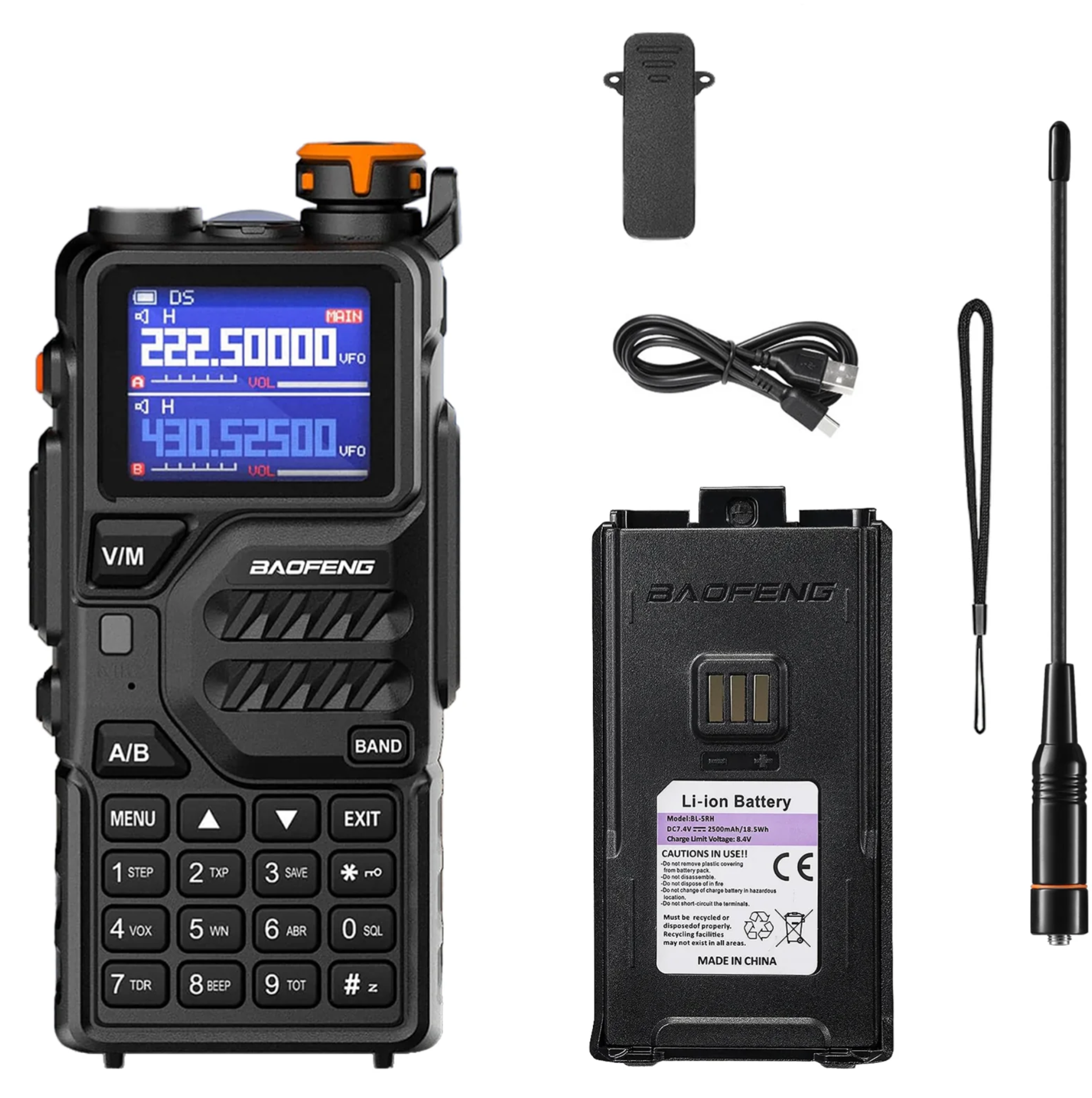 Baofeng handheld radio with battery, antenna, USB cable, belt clip and wrist strap